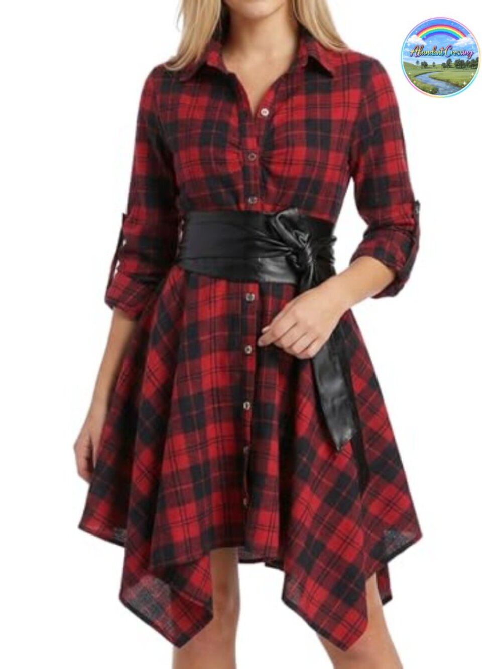 Plaid Shirt Dress PU Waist Belt A-Line High Low Tunic Button Down